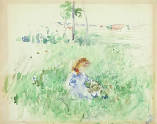 Ung jente sitter på plenen, 1882
